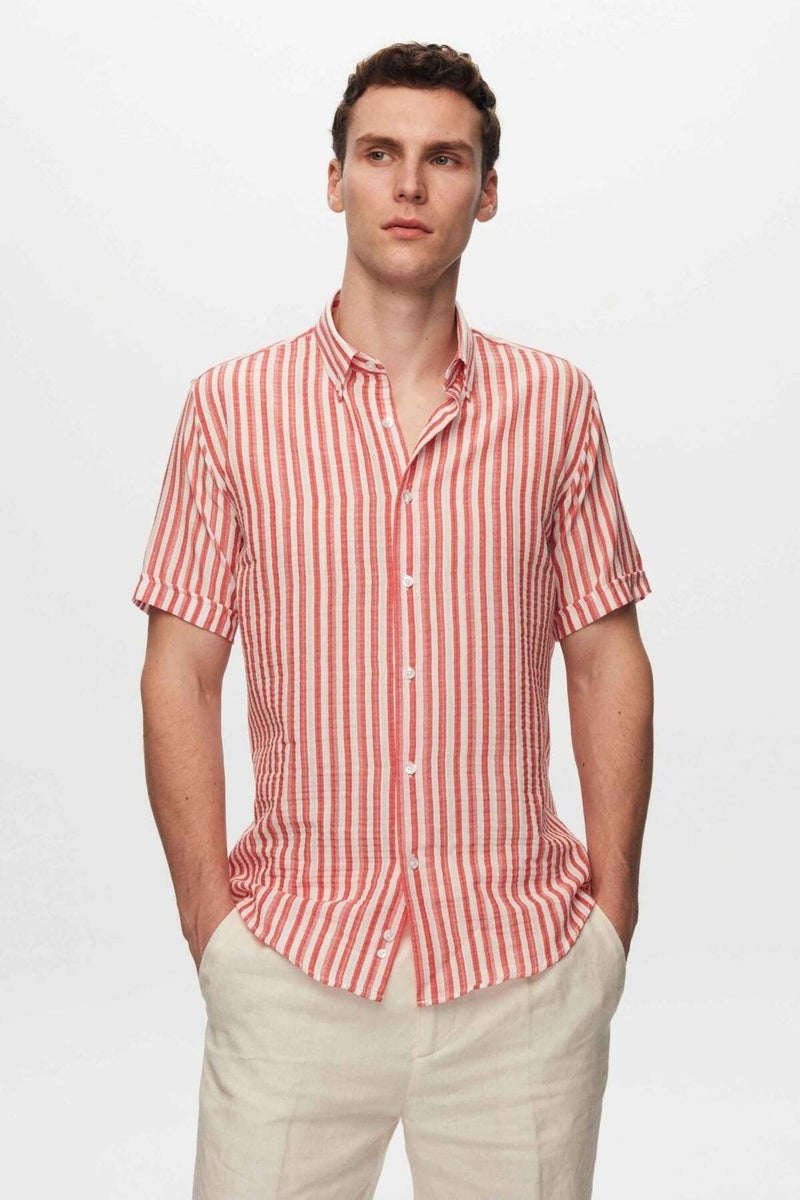 D'S DAMAT Slim Fit Red Seersucker Striped Short Sleeve Summer Shirt 8HC02ORT04265 - Image 1