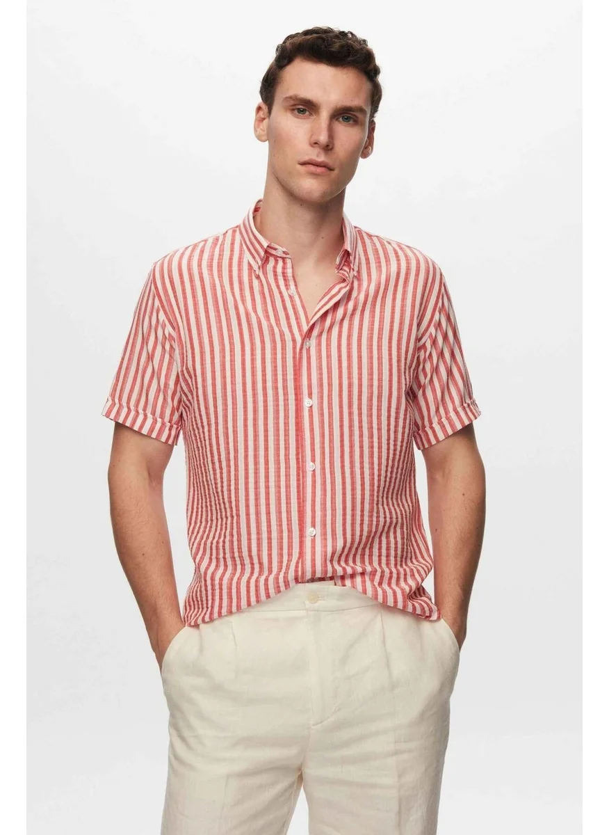 D'S DAMAT Slim Fit Red Seersucker Striped Short Sleeve Summer Shirt 8HC02ORT04265