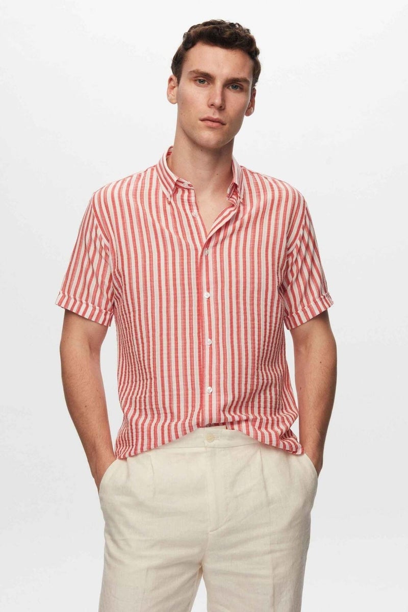 D'S DAMAT Slim Fit Red Seersucker Striped Short Sleeve Summer Shirt 8HC02ORT04265 - Image 2