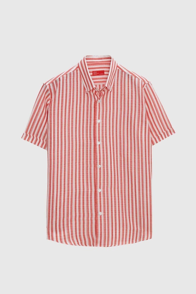 D'S DAMAT Slim Fit Red Seersucker Striped Short Sleeve Summer Shirt 8HC02ORT04265 - Image 5