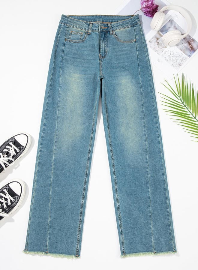 Sidefeel Women's Wide Leg Jeans High Waisted Strechy Raw Hem Zimbaplatinum Denim Pants, Light Retro Blue, 8 - Image 3