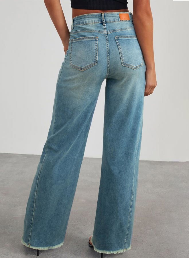 Sidefeel Women's Wide Leg Jeans High Waisted Strechy Raw Hem Zimbaplatinum Denim Pants, Light Retro Blue, 8 - Image 2