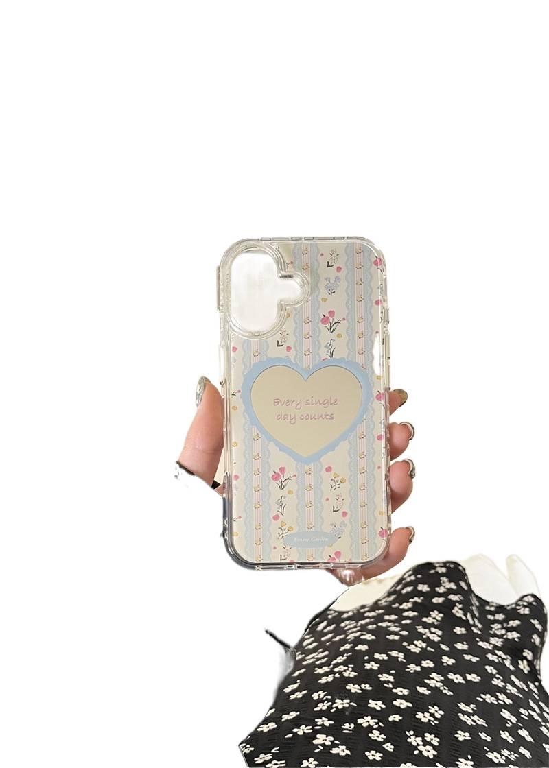 غطاء واقي بسيليكون لـ iPhone 17 / 17 Air / 17 Pro / 17 Pro Max باللون أزرق مع مرآة بتصميم زهري من السيليكون مع تصميم فيونكة وسطح مرآة مع نقشة زهور مع نقشة قلوب للاستخدام اليومي - Image 1