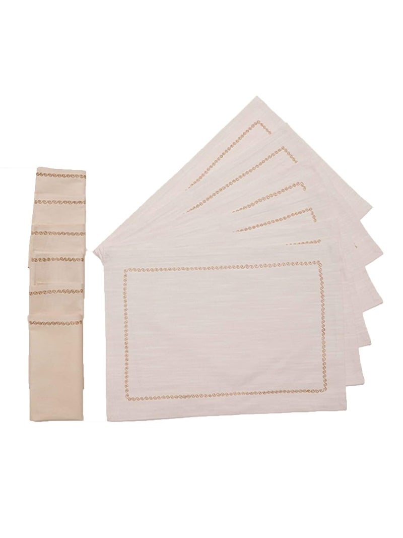 Zeba Embroidered Placemat Dinner Napkins Set Cotton Offwhite Lt Beige Set of 6 Mats 13x19 in Set of 6 Dining Napkins 16x16in 33x48 cms 40x40 cms - Image 3