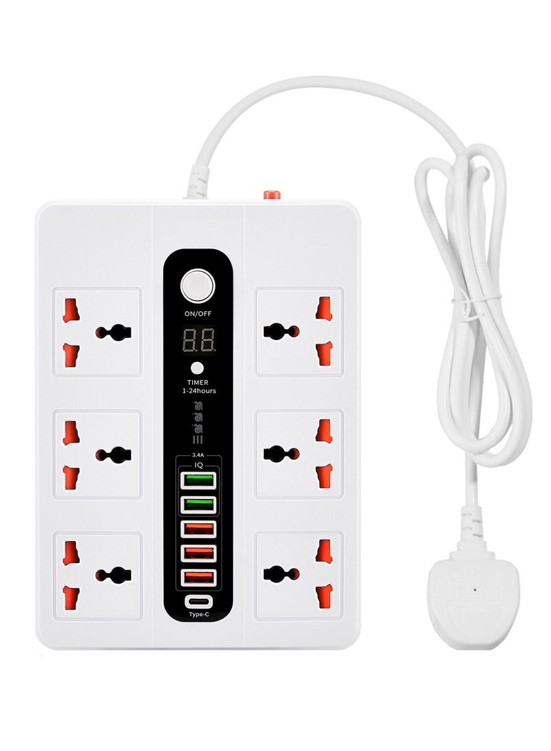 Exotic Multi-Port Power Extension, 5 USB-A & 1 USB-C, Quick Charge, 3000W AC Output, Power Button & Timer, 2M Cord, Overheat Protection, 38W PD – White - Image 1