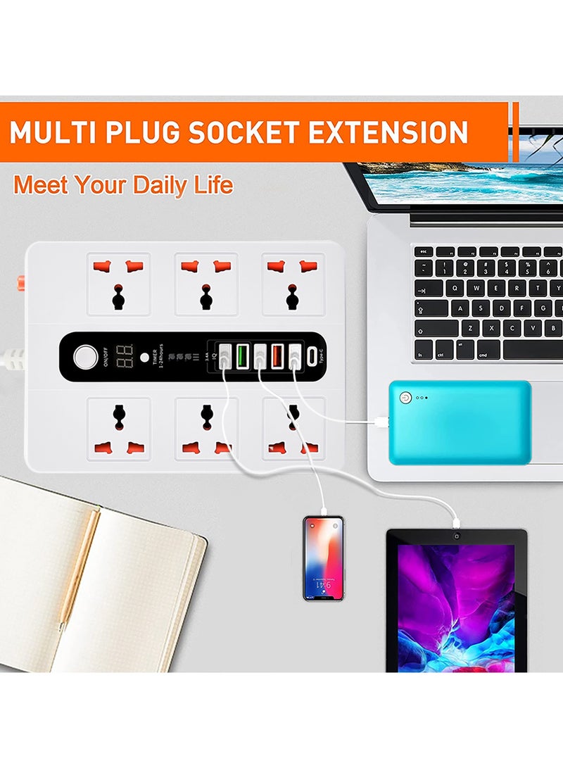 Exotic Multi-Port Power Extension, 5 USB-A & 1 USB-C, Quick Charge, 3000W AC Output, Power Button & Timer, 2M Cord, Overheat Protection, 38W PD – White - Image 2