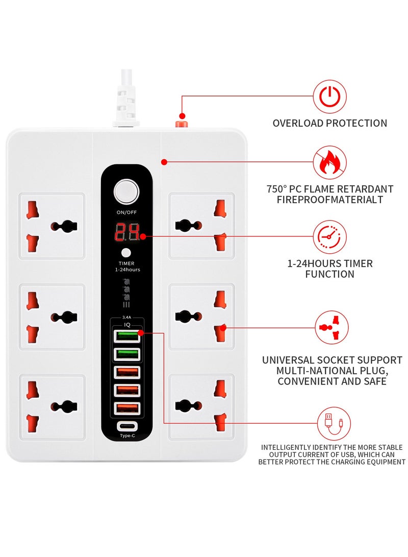 Exotic Multi-Port Power Extension, 5 USB-A & 1 USB-C, Quick Charge, 3000W AC Output, Power Button & Timer, 2M Cord, Overheat Protection, 38W PD – White - Image 3