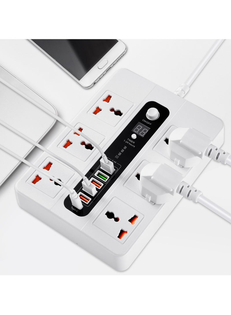 Exotic Multi-Port Power Extension, 5 USB-A & 1 USB-C, Quick Charge, 3000W AC Output, Power Button & Timer, 2M Cord, Overheat Protection, 38W PD – White - Image 4