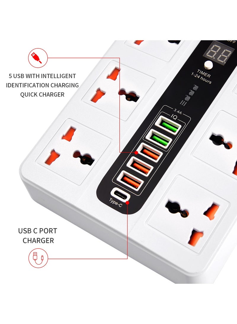 Exotic Multi-Port Power Extension, 5 USB-A & 1 USB-C, Quick Charge, 3000W AC Output, Power Button & Timer, 2M Cord, Overheat Protection, 38W PD – White - Image 5