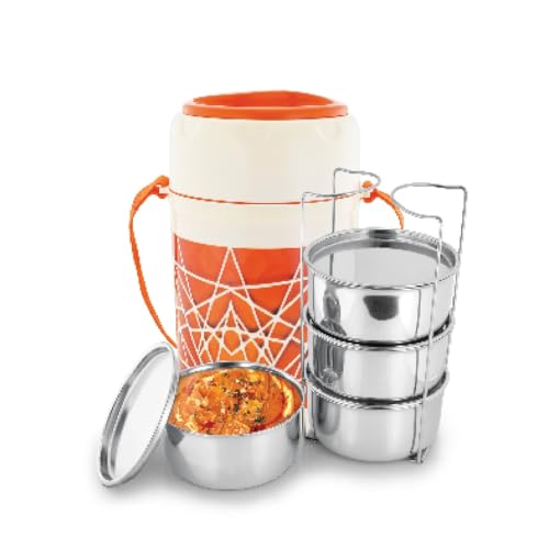 TRUEWARE Trendy 4 Lunch Box with 4 Stainless Steel Container,300ml X4 Orange | PU Insulated | Lunch Box | Tiffin | Hot lunch box | Leak Proof | Food Grade | BPA Free | Office | Outdoors| For Men,Women - Image 1