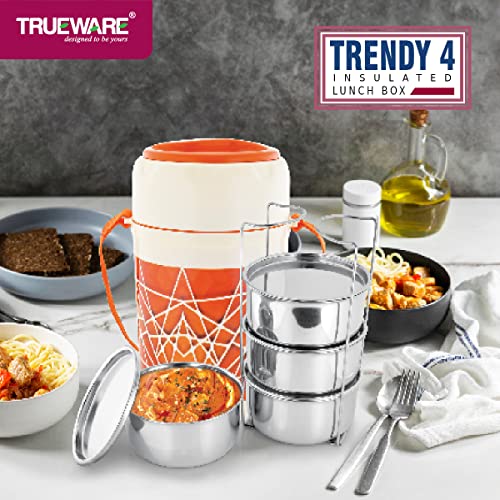 TRUEWARE Trendy 4 Lunch Box with 4 Stainless Steel Container,300ml X4 Orange | PU Insulated | Lunch Box | Tiffin | Hot lunch box | Leak Proof | Food Grade | BPA Free | Office | Outdoors| For Men,Women - Image 4