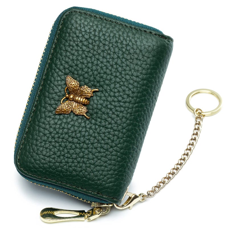 imeetu RFID Credit Card Holder for Women Genuine Leather Card Case Wallet with Zipper and Removable Keychain (Green) - Image 1
