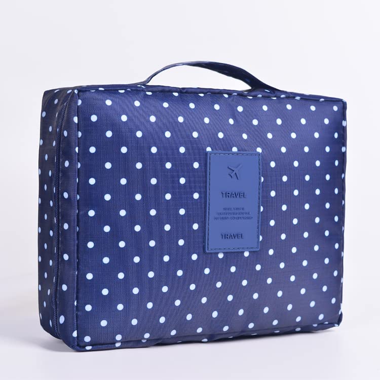 ERHETUS Multipurpose Travel Cosmetic Makeup Pouch | Multi Pockets Toiletry Bags & Travelling Pouches for Girls | Inner Ware Storage Organizer & Wash Bag for Women - Navy Dot (Size: 21x16x08 cm) - Image 1
