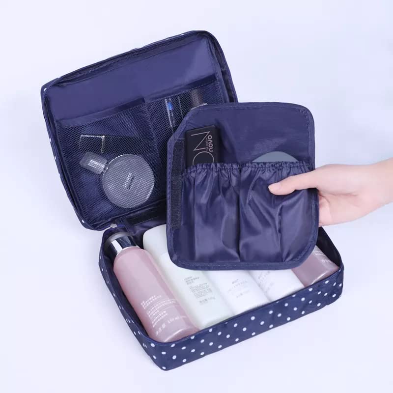 ERHETUS Multipurpose Travel Cosmetic Makeup Pouch | Multi Pockets Toiletry Bags & Travelling Pouches for Girls | Inner Ware Storage Organizer & Wash Bag for Women - Navy Dot (Size: 21x16x08 cm) - Image 2