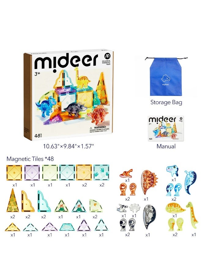 MiDeer Colorful Magnetic Tiles Jurassic Adventure 48P – Dinosaur Magnetic Building Blocks Set with 48 Pieces, STEM Construction Toy with Storage Bag, Creative Magnetic Tiles for Kids Age 3+ - Image 2
