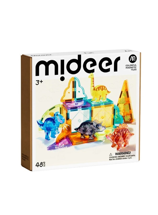 MiDeer Colorful Magnetic Tiles Jurassic Adventure 48P – Dinosaur Magnetic Building Blocks Set with 48 Pieces, STEM Construction Toy with Storage Bag, Creative Magnetic Tiles for Kids Age 3+ - Image 1