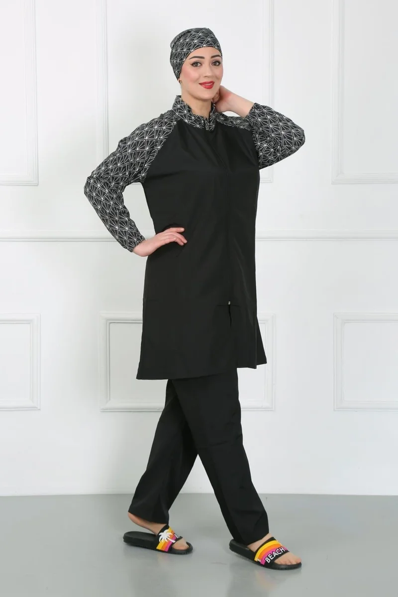 Akbeniz Plus Size Patterned Hijab Swimsuit Black 44030