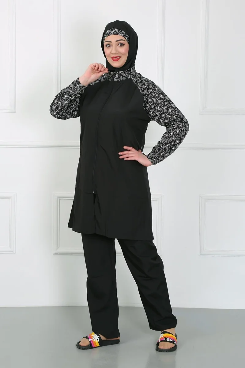 Akbeniz Plus Size Patterned Hijab Swimsuit Black 44030