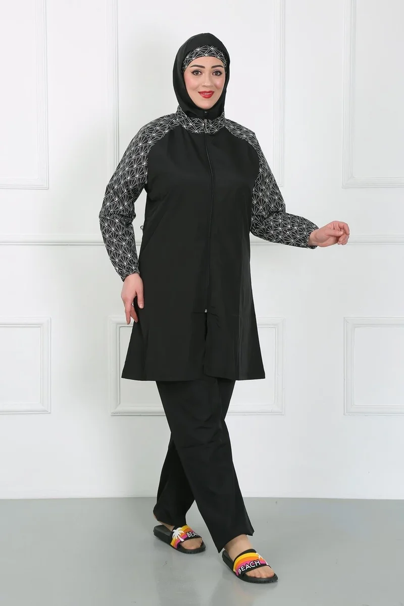 Akbeniz Plus Size Patterned Hijab Swimsuit Black 44030