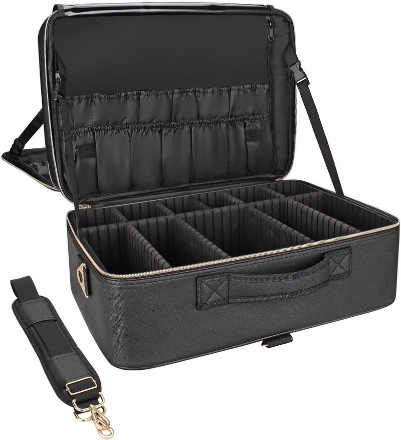 Relavel Extra Large Makeup Case Travel Makeup Bag Professional Leather Artist Bag Portable Cosmetic Brush Holder Organizer Nail Organizer Box with Adjustable Dividers