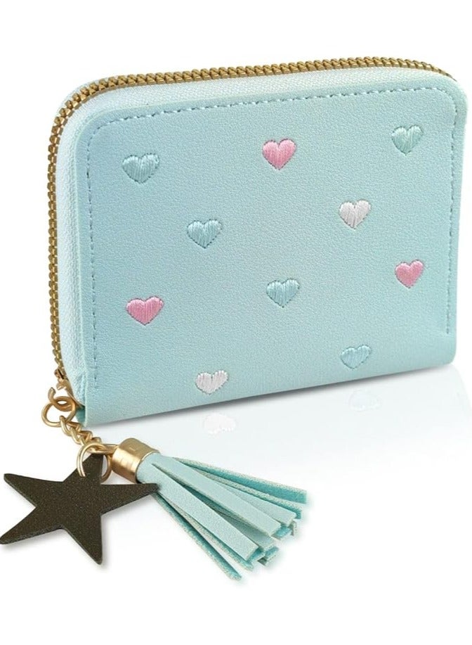 Girls Purse, Cute Slim Short Small Kids Wallet with Embroidery Hearts,Kids Wallets, PU Leather Ladies Purse with Tassel Zipper for Teens Girls Women  - Image 1