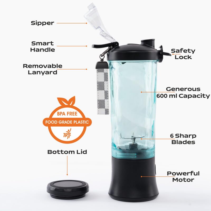 TR6 Blendmate Ultra Waterproof Portable Blender for Juices Shakes Smoothies 230W Motor 4000mAh Battery Pulse Mode LED Lights 600ml Convertible Jar Inbuilt Sipper Carry Handle Black - Image 5