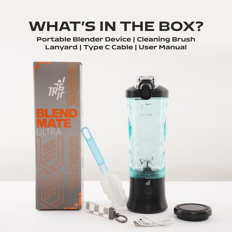 TR6 Blendmate Ultra Waterproof Portable Blender for Juices Shakes Smoothies 230W Motor 4000mAh Battery Pulse Mode LED Lights 600ml Convertible Jar Inbuilt Sipper Carry Handle Black - Image 4
