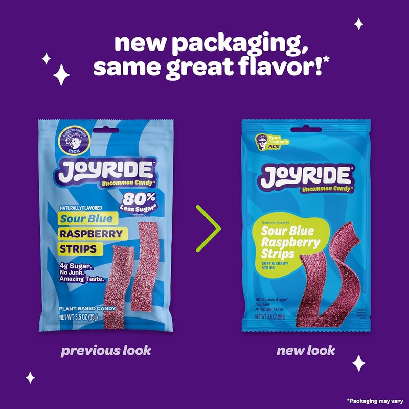 JOYRIDE Sour Blue Raspberry Strips 6-Pack Bundle with Glacial Peppermint Gum - Low Sugar, Dye Free, Healthy Candy - Image 3