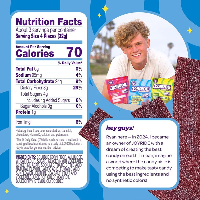 JOYRIDE Sour Blue Raspberry Strips 6-Pack Bundle with Glacial Peppermint Gum - Low Sugar, Dye Free, Healthy Candy - Image 2