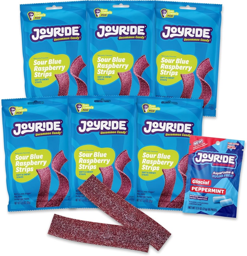 JOYRIDE Sour Blue Raspberry Strips 6-Pack Bundle with Glacial Peppermint Gum - Low Sugar, Dye Free, Healthy Candy - Image 1