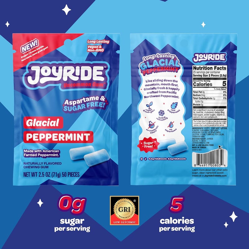 JOYRIDE Sour Blue Raspberry Strips 6-Pack Bundle with Glacial Peppermint Gum - Low Sugar, Dye Free, Healthy Candy - Image 4