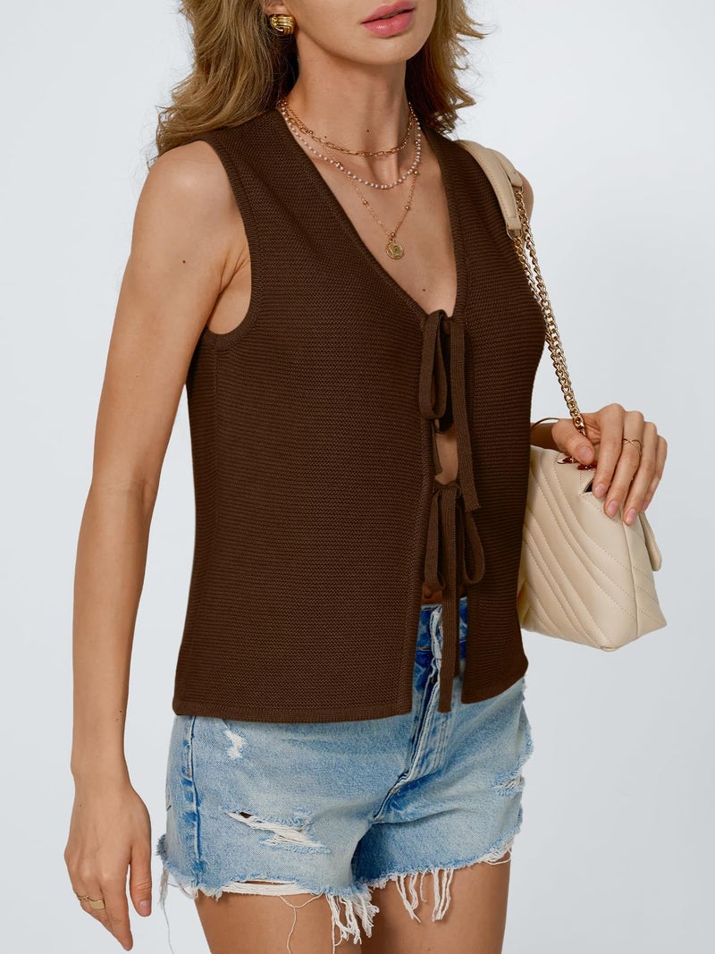 LILLUSORY Womens Summer Tops Beach Vacation Spring Outfits Cute Y2K Trendy Sweater Vest 2026 Tank Tie Front Crochet Clothes Chocolate Brown M - Image 3