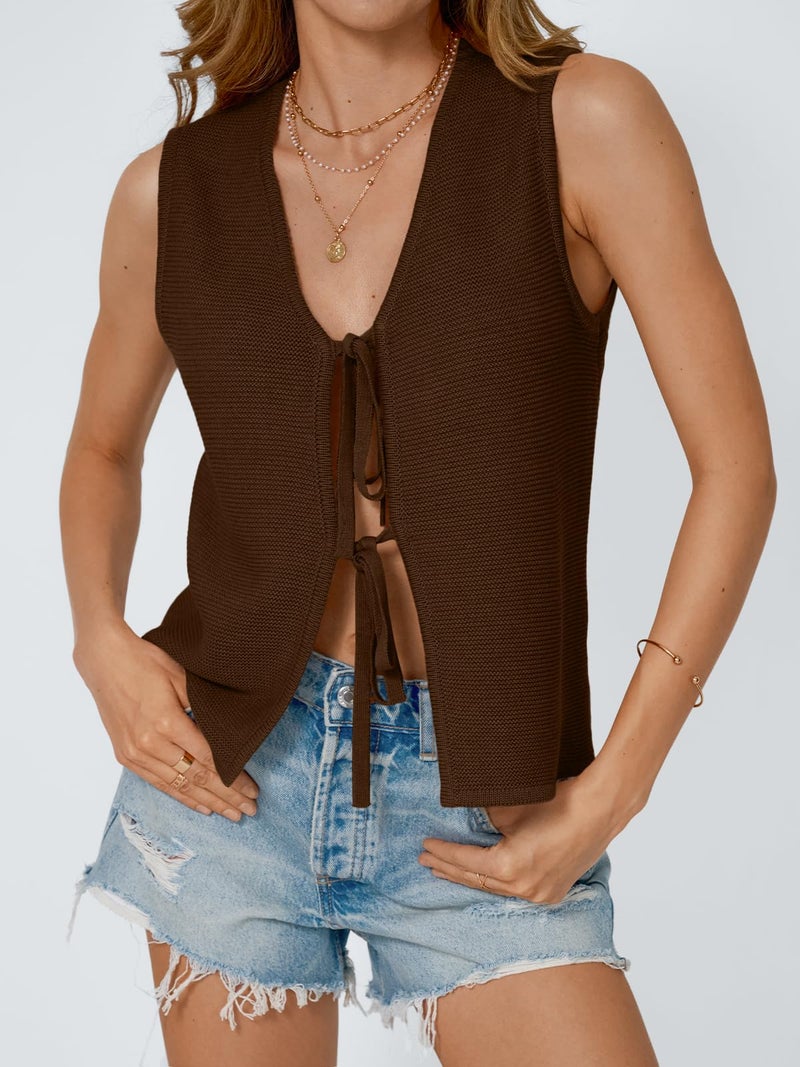 LILLUSORY Womens Summer Tops Beach Vacation Spring Outfits Cute Y2K Trendy Sweater Vest 2026 Tank Tie Front Crochet Clothes Chocolate Brown M - Image 2