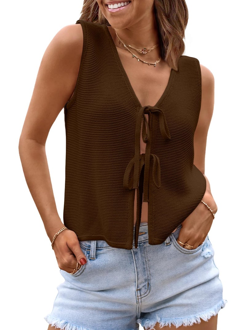 LILLUSORY Womens Summer Tops Beach Vacation Spring Outfits Cute Y2K Trendy Sweater Vest 2026 Tank Tie Front Crochet Clothes Chocolate Brown M - Image 1