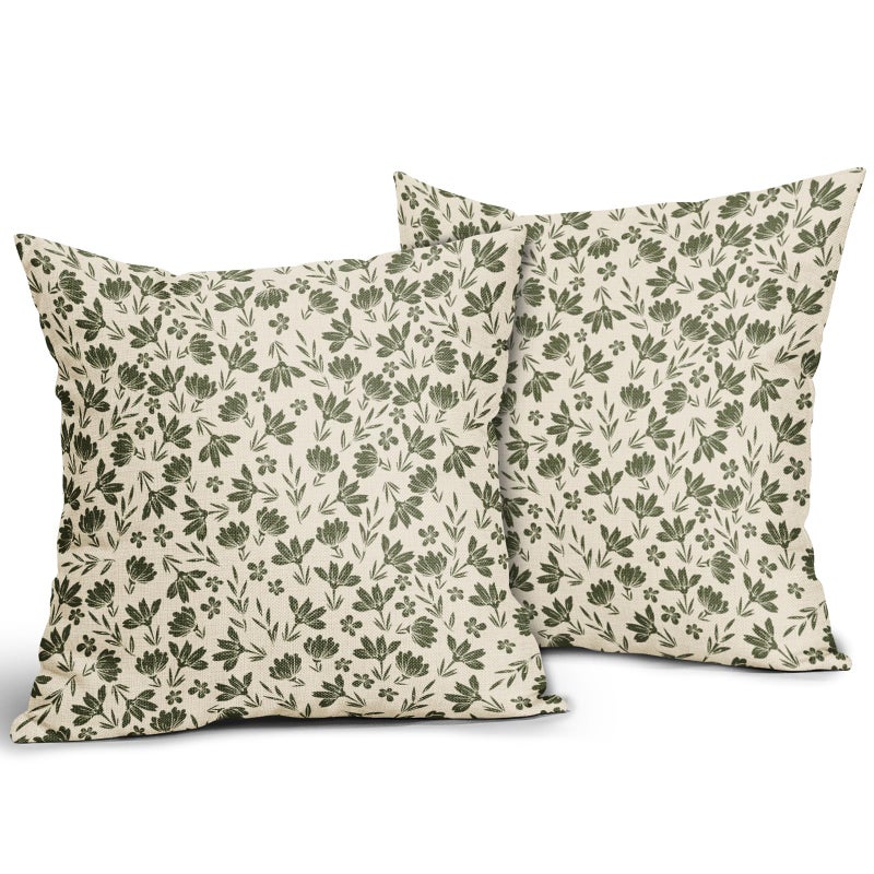 Aytipun Olive Green Floral Pillow Covers 18x18 Set of 2 Vintage Rustic Old Style Cute Small Flower Green Cream Print Decorative Outdoor Pillowcases Farmhouse Throw Cushion Case Decor for Couch Sofa Bed - Image 2
