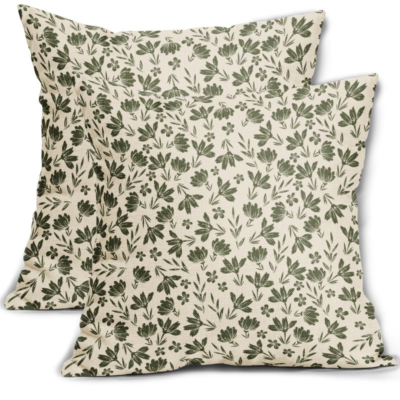 Aytipun Olive Green Floral Pillow Covers 18x18 Set of 2 Vintage Rustic Old Style Cute Small Flower Green Cream Print Decorative Outdoor Pillowcases Farmhouse Throw Cushion Case Decor for Couch Sofa Bed - Image 1