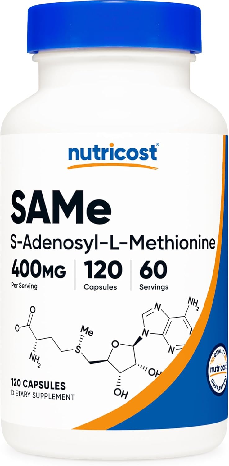 Nutricost نوتريكوست SAMe سايدينوسيل-إل-ميثيونين 400 ملغ لكل حصة 60 حصة 200 ملغ لكل كبسولة 120 كبسولة خالية من الكائنات المعدلة وراثيًا وخالية من الغلوتين نباتية - Image 1