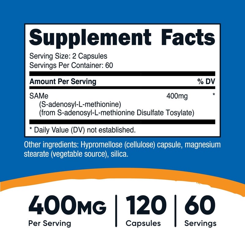 Nutricost نوتريكوست SAMe سايدينوسيل-إل-ميثيونين 400 ملغ لكل حصة 60 حصة 200 ملغ لكل كبسولة 120 كبسولة خالية من الكائنات المعدلة وراثيًا وخالية من الغلوتين نباتية - Image 2