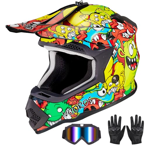 VCOROS Youth Kids Dirt Bike Helmets Motocross Street Offroad BMX MX ATV Dirtbike Motorcycle Helmet VS905 with Goggles Gloves DOT ApprovedColor Cartoon BeanL - Image 1