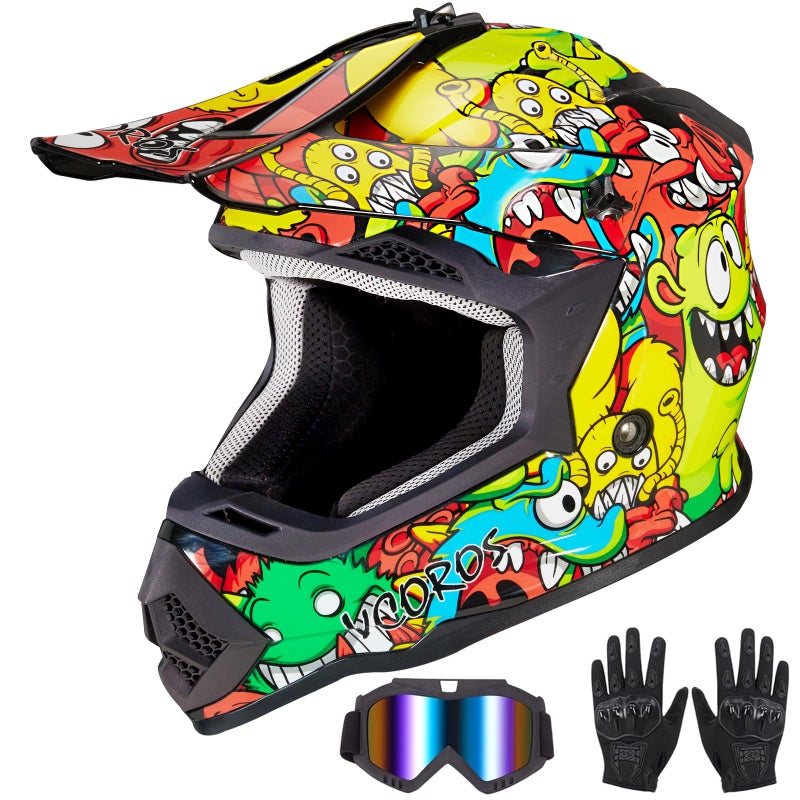 VCOROS Youth Kids Dirt Bike Helmets Motocross Street Offroad BMX MX ATV Dirtbike Motorcycle Helmet VS905 with Goggles Gloves DOT ApprovedColor Cartoon BeanL - Image 3