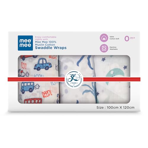 Mee Mee 100% Cotton Muslin Swaddle Wrap for Newborn Baby (120 × 100 cm) (PK-3) | Ultra Soft, Breathable, Lightweight & Quick-Dry | Hypoallergenic Multi-Use Baby Blanket, Nursing Cover, Stroller Cover - Image 1