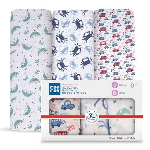 Mee Mee 100% Cotton Muslin Swaddle Wrap for Newborn Baby (120 × 100 cm) (PK-3) | Ultra Soft, Breathable, Lightweight & Quick-Dry | Hypoallergenic Multi-Use Baby Blanket, Nursing Cover, Stroller Cover - Image 2