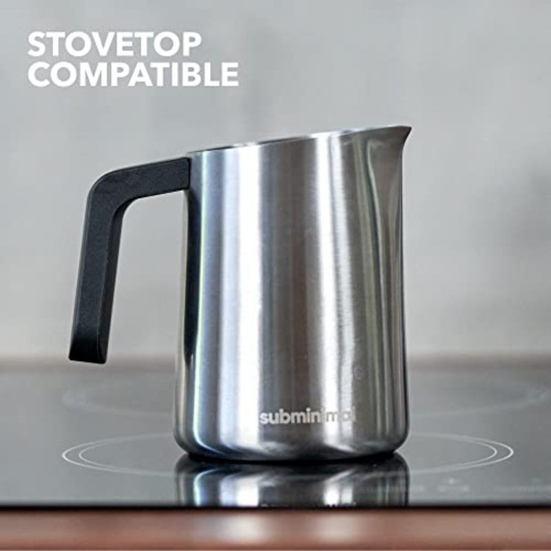 Stovetop milk frothing pitcher for home barista use, stainless steel, matte black, ergonomic heat-resistant handle, 450ml capacity - Image 3