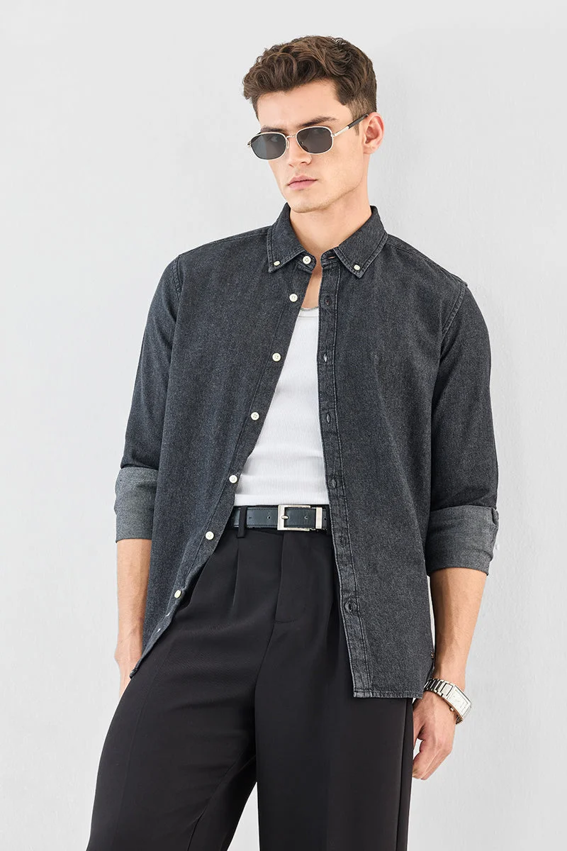 سنيتش Dark Grey Solid Long Sleeve Regular Fit Core Lab Shirt