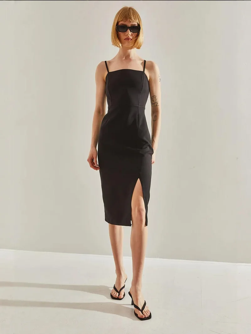 Bianco Lucci Black LUCCI Midi Dress with Square Collar and Slit for Women | Best Price UAE