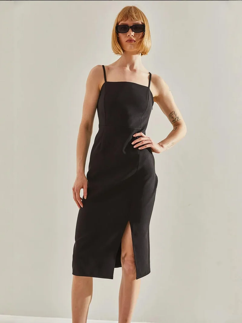 Bianco Lucci Black LUCCI Midi Dress with Square Collar and Slit for Women | Best Price UAE
