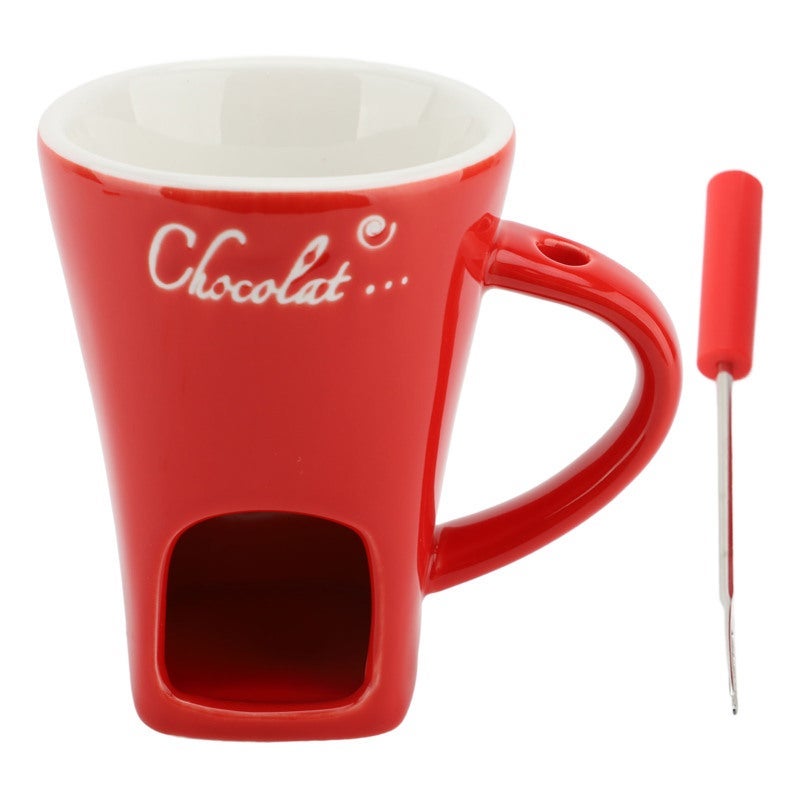 Red Ceramic Chocolate Melting Fondue Mug with Fork - Perfect for Dessert Fun - Image 1