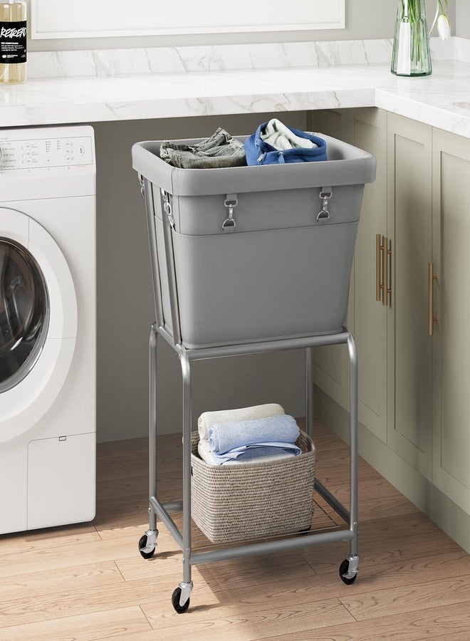 ELYKEN Laundry Cart with Wheels, Rolling Laundry Hamper with Removable Bag and Shelf, Metal Frame Laundry Basket with 4 Casters and 2 Brakes, Ideal for Bedroom, Bathroom, Laundry Room, Gray - Image 2