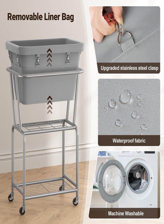 ELYKEN Laundry Cart with Wheels, Rolling Laundry Hamper with Removable Bag and Shelf, Metal Frame Laundry Basket with 4 Casters and 2 Brakes, Ideal for Bedroom, Bathroom, Laundry Room, Gray - Image 5