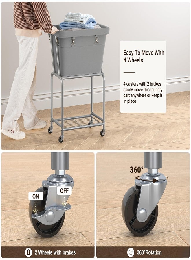 ELYKEN Laundry Cart with Wheels, Rolling Laundry Hamper with Removable Bag and Shelf, Metal Frame Laundry Basket with 4 Casters and 2 Brakes, Ideal for Bedroom, Bathroom, Laundry Room, Gray - Image 4